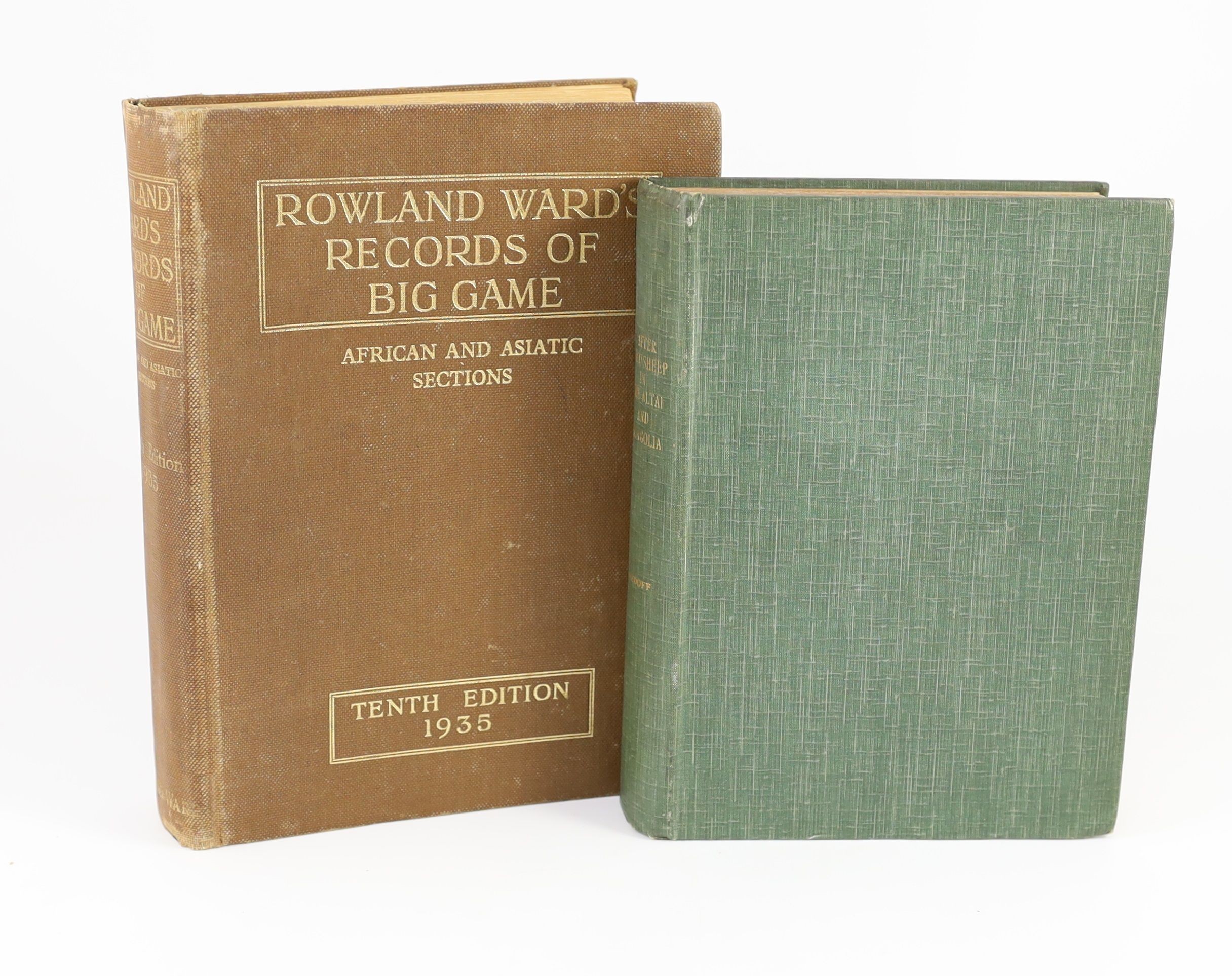 Demidoff, E. After Wild Sheep in the Altai and Mongolia. With 82 a Coloured Frontispiece and a Map. Roland Ward, London, 1900. Folding map bound at the back. Remainder(?) cloth binding, slightly warped. Together with, Wa